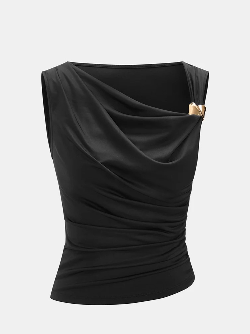 Commense Metal Detail Satin Ruched Cowl Neck Tank Top